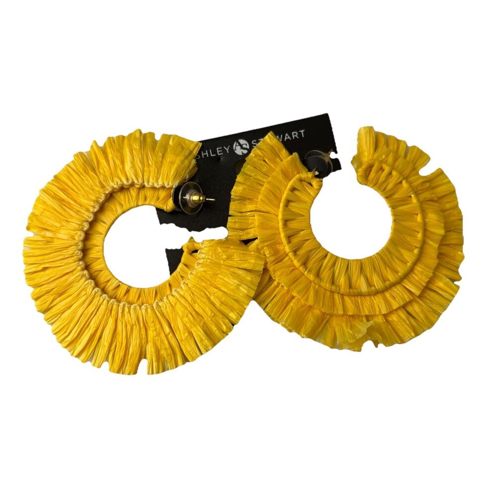 NWT Ashley Stewart Yellow Raffia Fringe Hoop Earrings